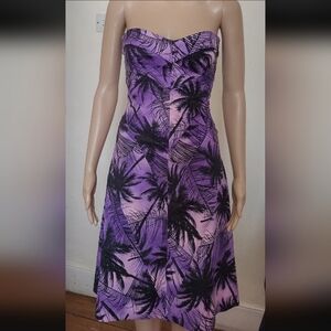 Karen Millen Cotton Strapless Dress in Purple and Black Palm Print